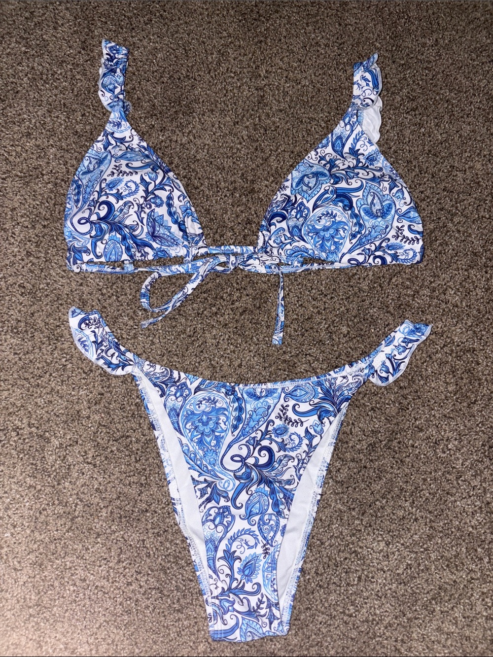 Amazon Blue and White Paisley Triangle Bikini- Never Worn